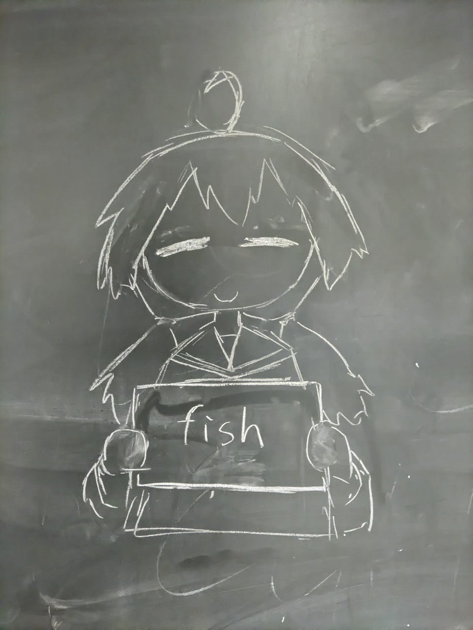 1girl, ahoge, chalk_(medium), closed_eyes, closed_mouth, english_text, facing_viewer, highres