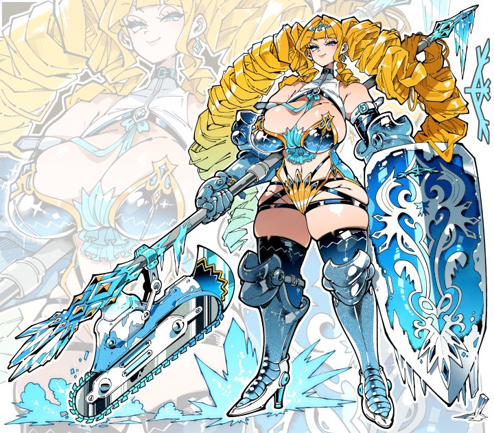 1girl, armored_high_heels, blonde_hair, blue_eyes, body_armor, breasts, chainsaw, closed_mouth, couter, drill_hair, full_body, gauntlets, holding, holding_polearm, holding_shield, holding_weapon, huge_breasts, kafun, knee_armor, long_hair, looking_at_viewer, original, polearm, shield, skindentation, smile, solo, standing, thick_thighs, thighs, very_long_hair, weapon, zoom_layer
