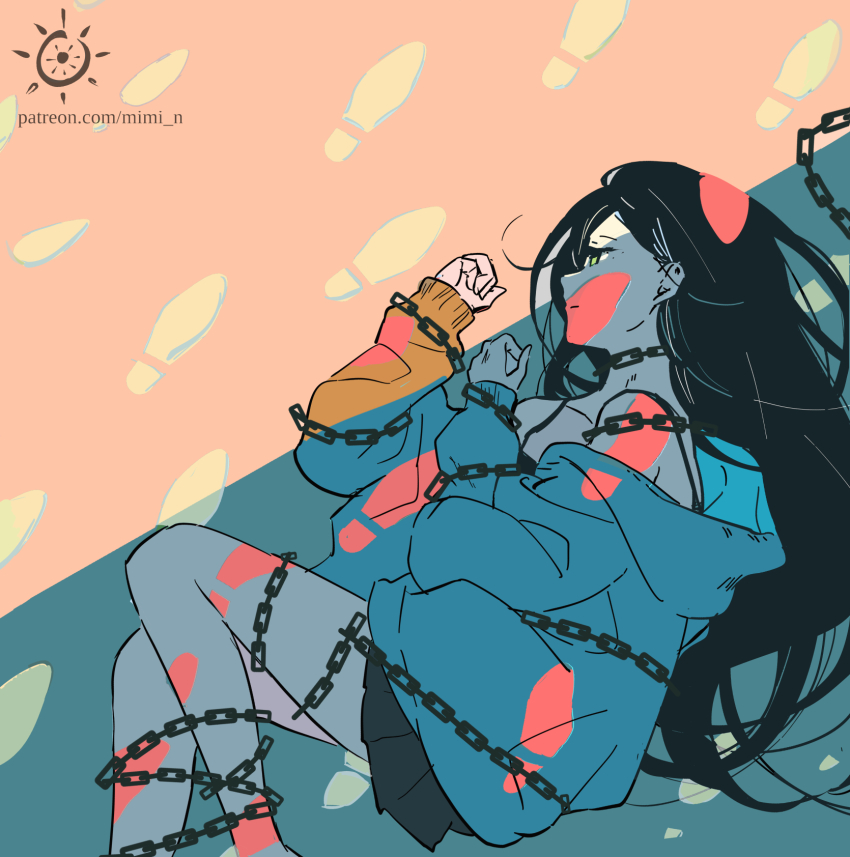 1girl, artist_name, black_hair, black_skirt, chain, expressionless, footprint_on_body, footprint_on_face