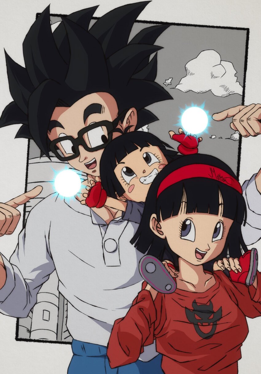 1boy, 2girls, black_hair, cloud, couple, dragon_ball, dragon_ball_super, energy