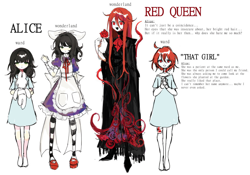 2girls, absurdres, ahoge, alice_(alice_in_wonderland), alice's_adventures_in_wonderland, blue_dress, commentary, dress