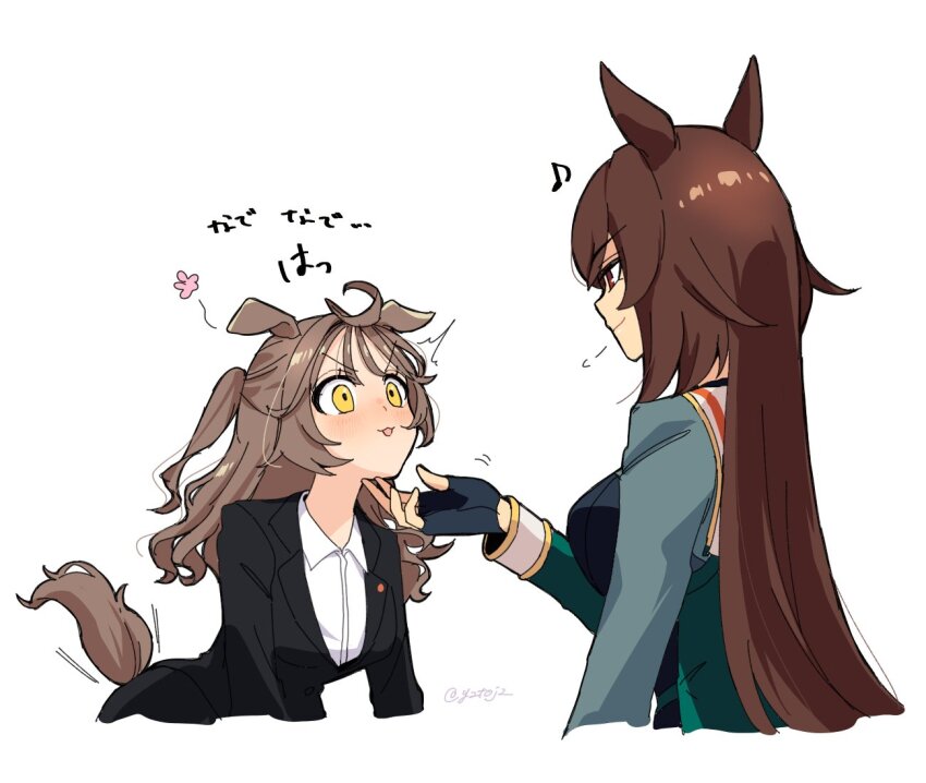 2girls, ^^^, ahoge, animal_ears, black_gloves, black_jacket, black_shirt, blush