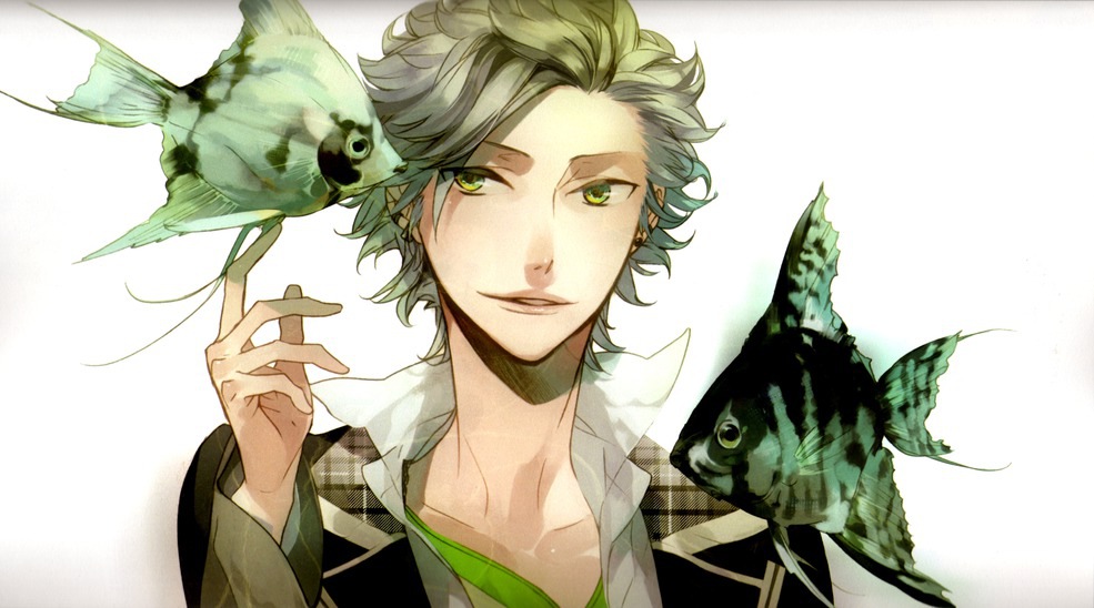 1boy, animal, blonde_hair, fish, green_eyes, male_focus, nanami_kanata, pisces_(zodiac)