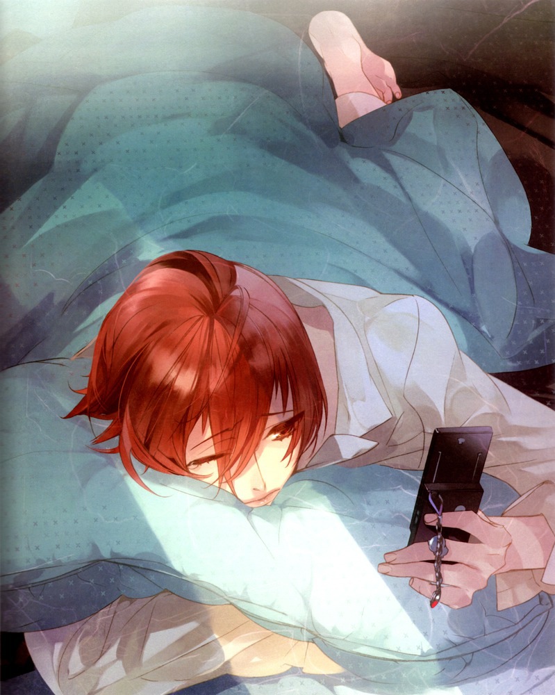 1boy, ahoge, barefoot, bed, bed_sheet, brown_eyes, cellphone, light, lips, male_focus, phone, red_hair, sleepy, solo, starry_sky_(game), tomoe_you, waking_up