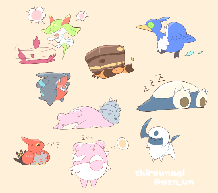 absol, artist_name, black_eyes, blissey, brown_background, claws, colored_skin, cramorant