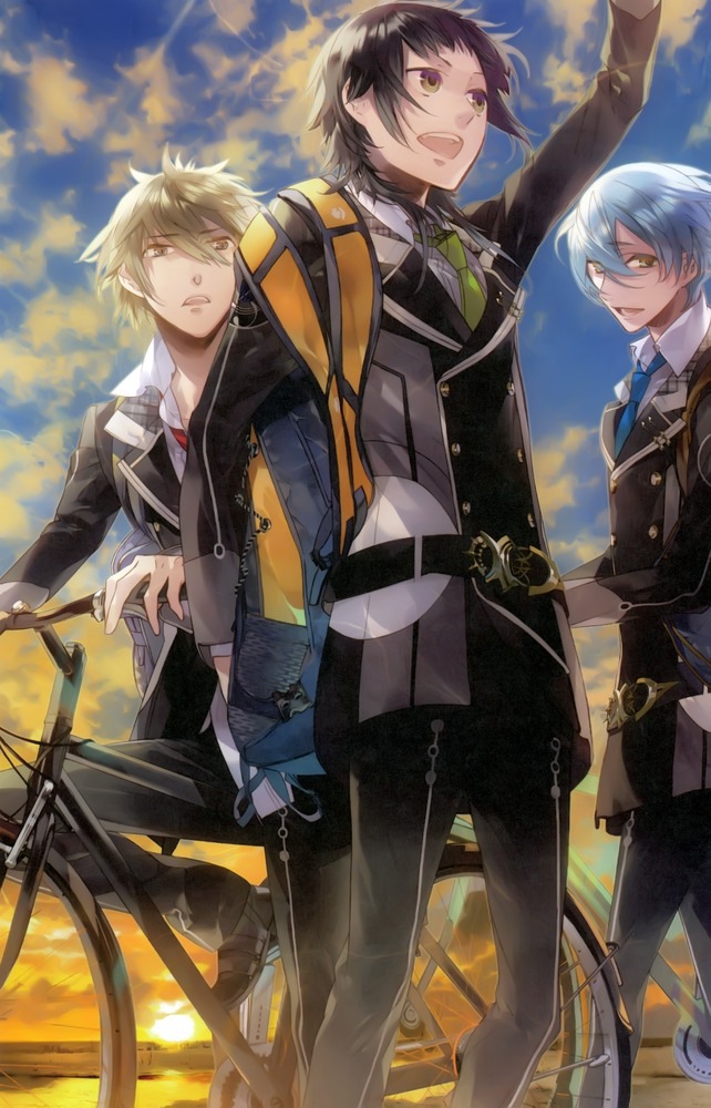 3boys, bag, belt, bicycle, blue_eyes, blue_hair, brown_eyes, brown_hair, green_eyes, green_hair, kanakubo_homare, kinose_azusa, male_focus, miyaji_ryunosuke, multiple_boys, necktie, open_mouth, river, satchel, smile, starry_sky_(game), sunset, uniform, water
