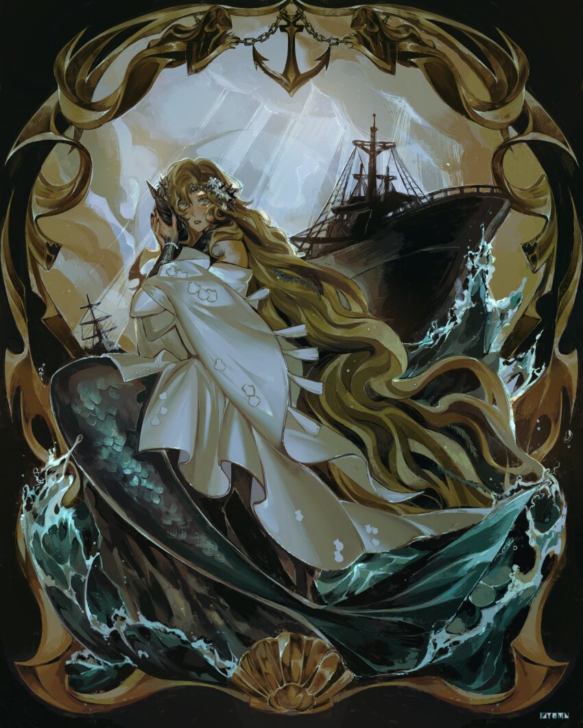 1girl, absurdres, bare_shoulders, black_background, blonde_hair, blue_eyes, border, cloud