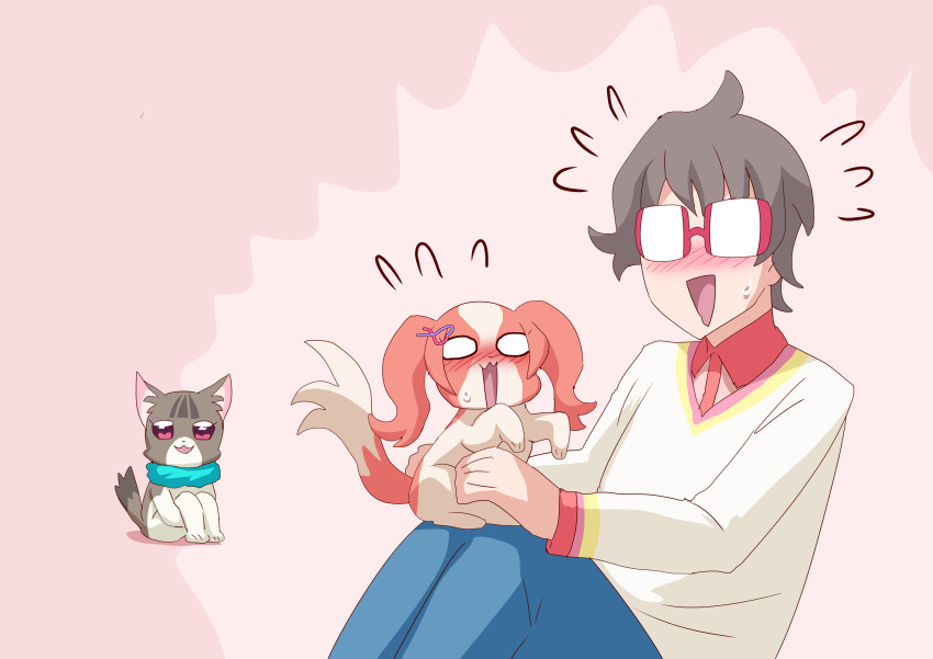 1boy, 2girls, absurdres, aqua_scarf, blue_pants, blush, brown_hair, cat