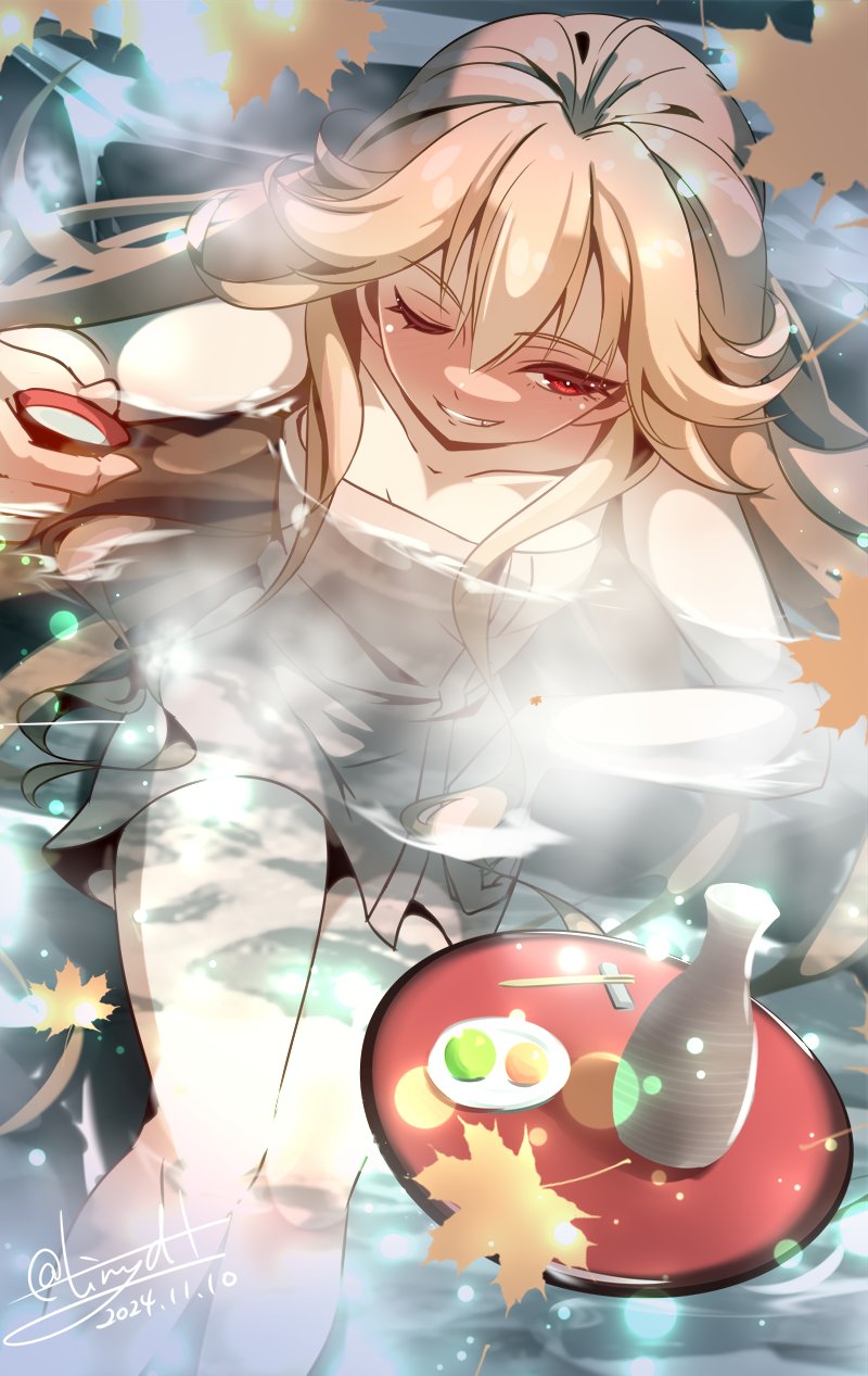 1girl, bath, bathing, blonde_hair, breasts, choko_(cup), convenient_censoring, covering_privates