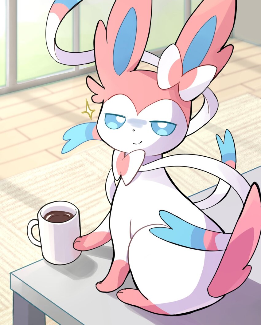 blue_eyes, bow, closed_mouth, coffee, coffee_mug, cup, gen_6_pokemon, half-closed_eyes