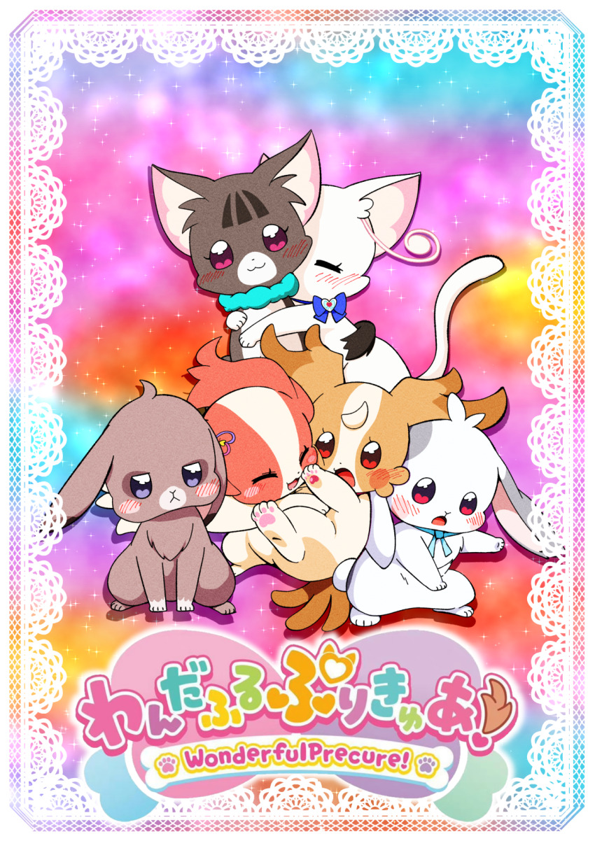 2boys, 4girls, :3, @est@, aqua_scarf, blue_bow, blue_bowtie, blue_neckerchief