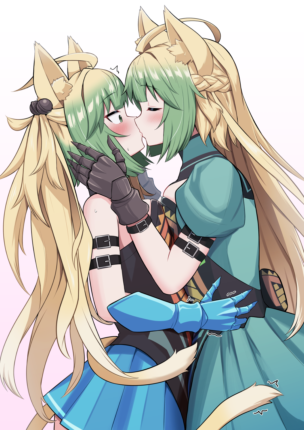 2girls, ahoge, animal_ears, atalanta_(fate), atalanta_(first_ascension)_(fate), blonde_hair, braid, breasts, cat_ears, cat_tail, closed_eyes, colored_bangs, commentary, dual_persona, fate/grand_order, fate_(series), gloves, gradient_hair, green_eyes, green_hair, half_up_braid, highres, kiss, long_hair, medium_breasts, multicolored_hair, multiple_girls, ponytail, selfcest, tail, very_long_hair, yuri, yuzu_kiro