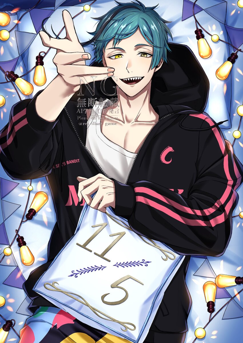 1boy, black_jacket, blue_hair, commentary_request, cowboy_shot, dated, floyd_leech, floyd_leech_(cozy_loungewear), from_above, green_eyes, heterochromia, highres, jacket, looking_at_viewer, lying, male_focus, on_back, on_bed, pectoral_cleavage, pectorals, pillow, reaching, reaching_towards_viewer, rei_(rei_illust_game), sharp_teeth, short_hair, smile, solo, string_of_flags, string_of_light_bulbs, tank_top, teeth, twisted_wonderland, white_tank_top, yellow_eyes