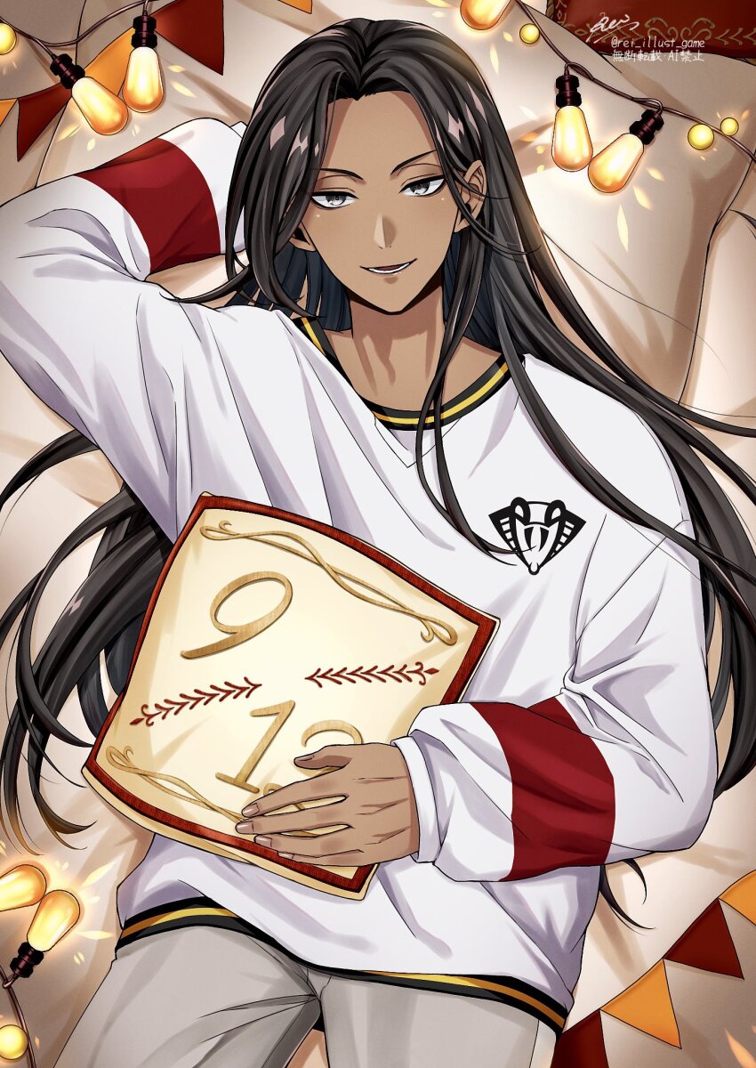 1boy, arm_behind_head, black_hair, commentary_request, cowboy_shot, dated, from_above, grey_eyes, highres, jamil_viper, jamil_viper_(cozy_loungewear), long_hair, looking_at_viewer, lying, male_focus, on_back, on_bed, pillow, rei_(rei_illust_game), solo, string_of_flags, string_of_light_bulbs, sweater, twisted_wonderland, white_sweater
