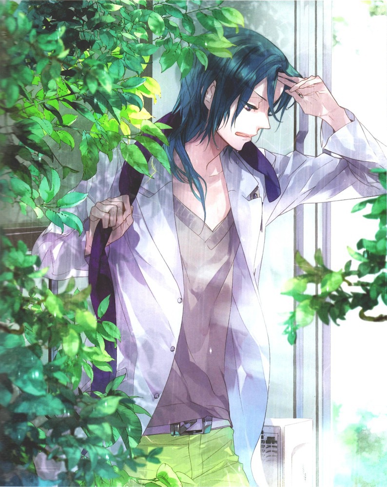 1boy, belt, blue_eyes, bush, hoshizuki_kotarou, male_focus, open_mouth, pen