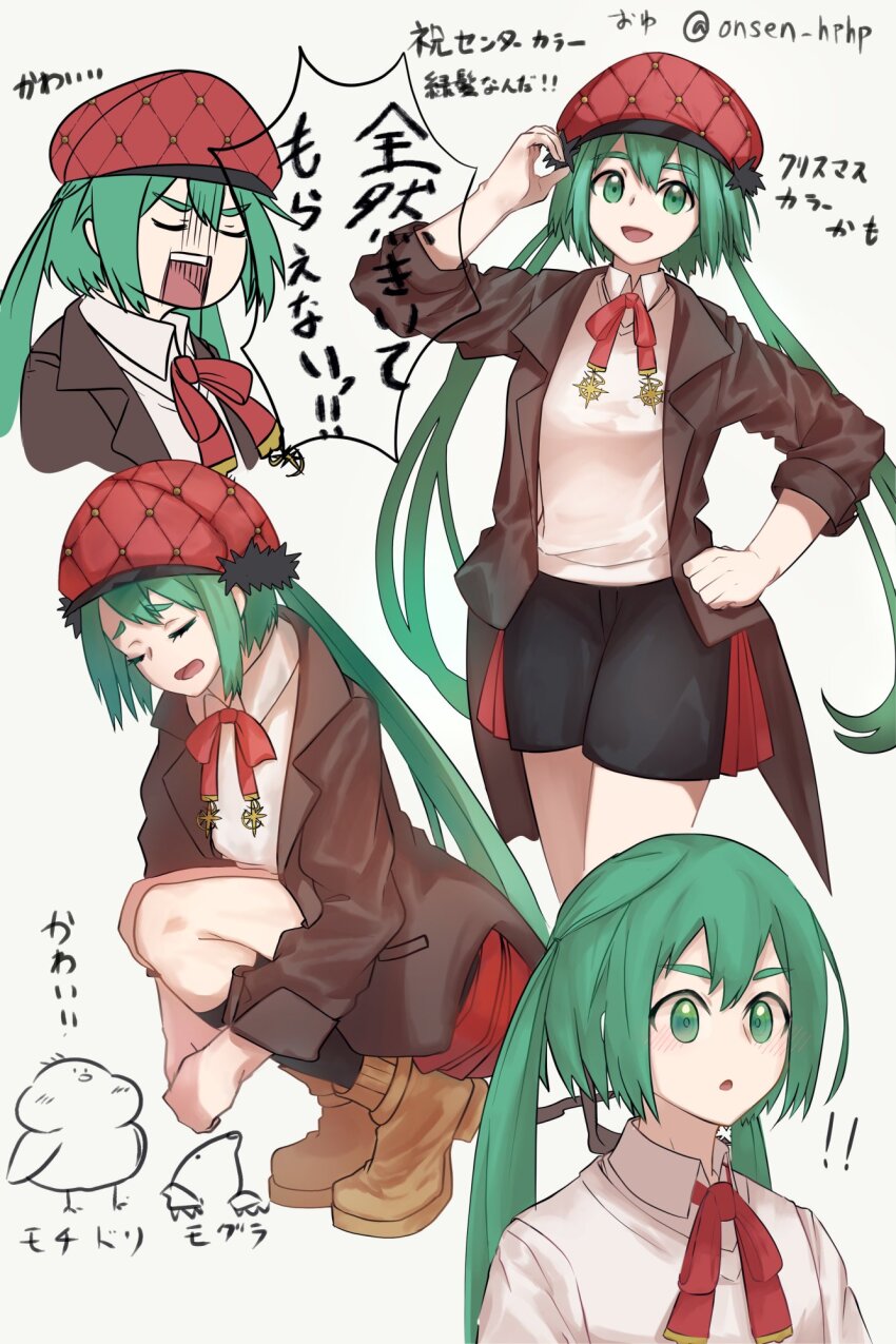 1girl, boots, closed_eyes, green_eyes, green_hair, hat, highres, holding