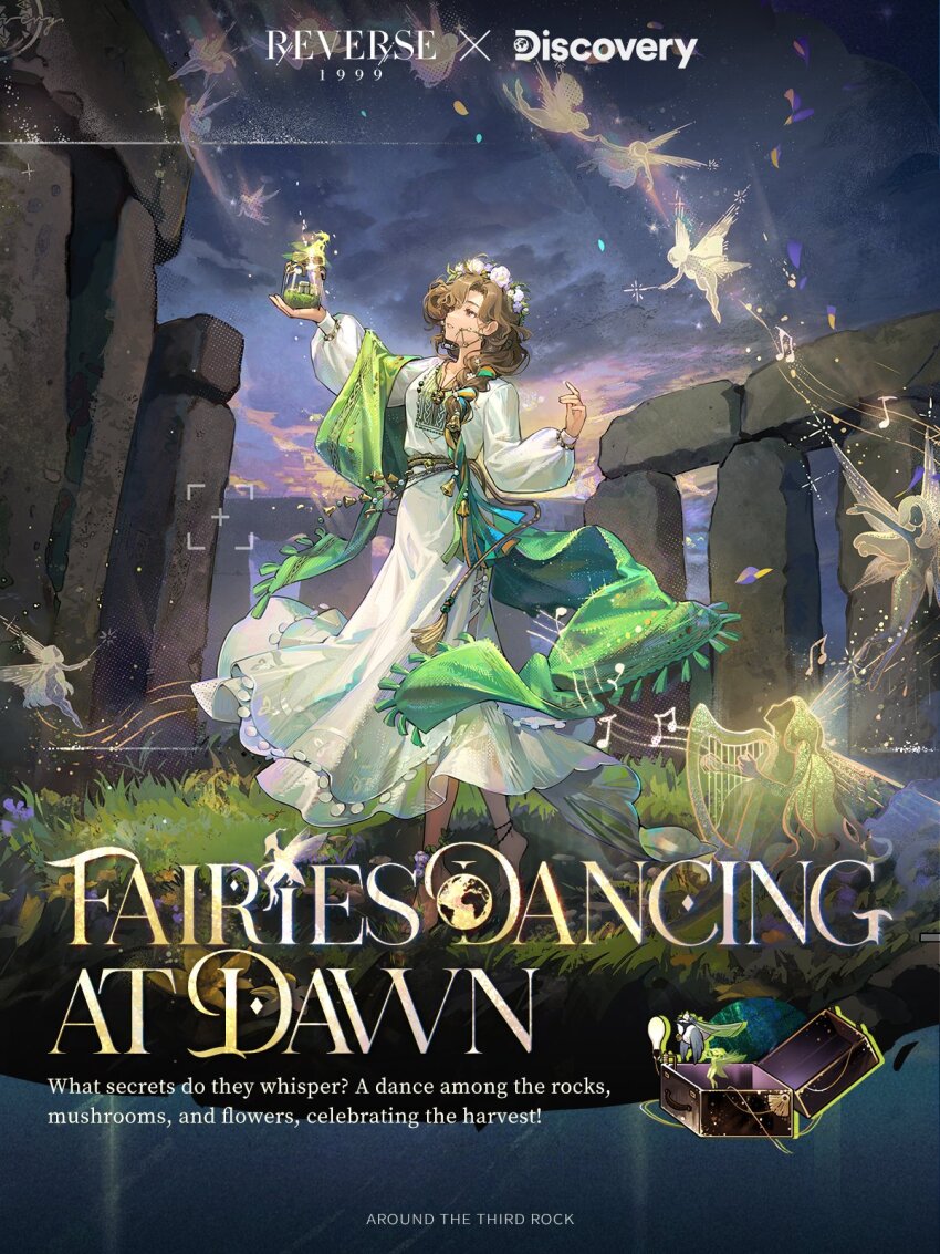 1girl, barefoot, beamed_eighth_notes, bird, braces, brown_hair, celtic_knot, creature, discovery_channel, dress, egyptian_plover, eighth_note, english_text, fairy, flower, flower_wreath, from_side, full_body, gradient_sky, grass, green_shawl, grin, hair_over_shoulder, hand_up, harp, head_wreath, highres, holding, holding_jar, instrument, jar, long_braid, long_dress, long_hair, long_sleeves, music, musical_note, musical_staff, official_alternate_costume, official_art, on_ground, playing_instrument, puffy_long_sleeves, puffy_sleeves, purple_sky, reverse:1999, shawl, sky, smile, solo, standing, stonehenge, tooth_fairy_(fairies_dancing_at_dawn)_(reverse:1999), tooth_fairy_(reverse:1999), twilight, white_dress, white_flower