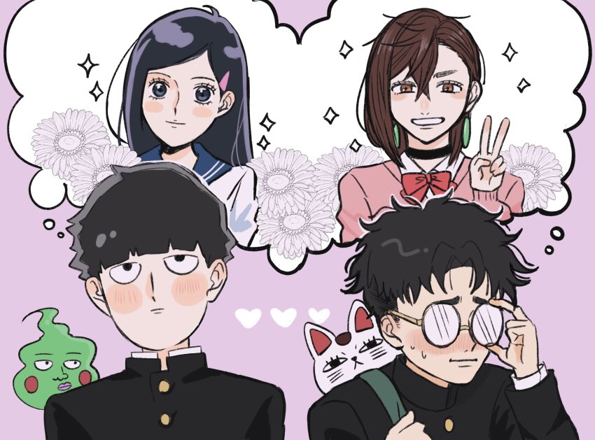 2boys, 2girls, ayase_momo, black_hair, blush, bowl_cut, cat, crossover, dandadan, ekubo_(mob_psycho_100), gakuran, glasses, highres, kageyama_shigeo, mob_psycho_100, multiple_boys, multiple_girls, ore_ore_oe, round_eyewear, school_uniform, takakura_ken_(dandadan), takane_tsubomi, turbo_granny_(dandadan)