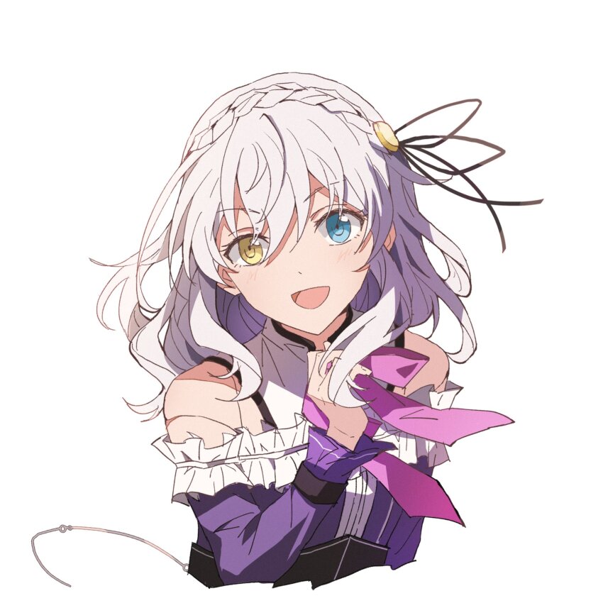 1girl, bare_shoulders, braid, commentary, crown_braid, double-parted_bangs, eiyuu_densetsu, floating_hair, hair_between_eyes, hair_ornament, heterochromia, highres, kai_no_kiseki, kuro_no_kiseki_(series), lapis_rosenberg, llmtmllmt, long_hair, looking_at_viewer, open_mouth, portrait, simple_background, smile, solo, untranslatable_commentary, upper_body, white_background, white_hair