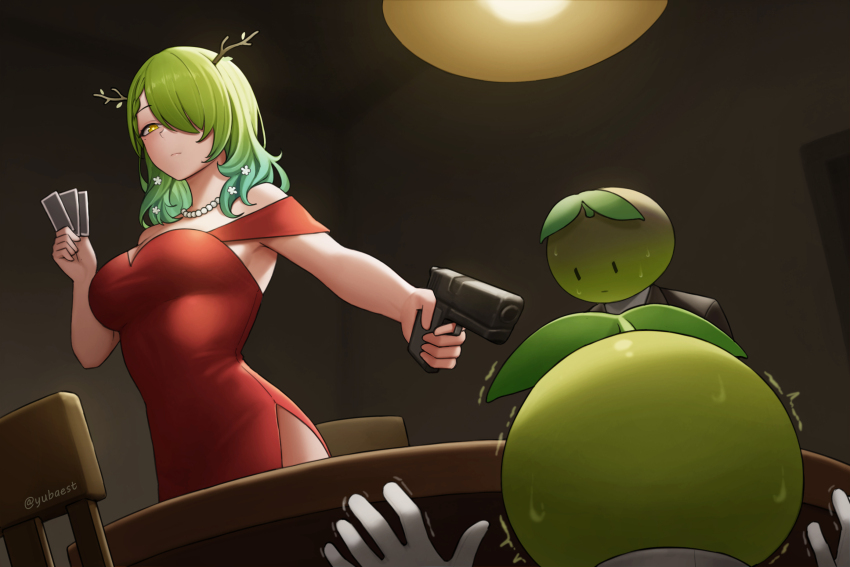 1girl, antlers, card, ceiling_light, ceres_fauna, chair, cosplay, cupcake_(liar's_bar)