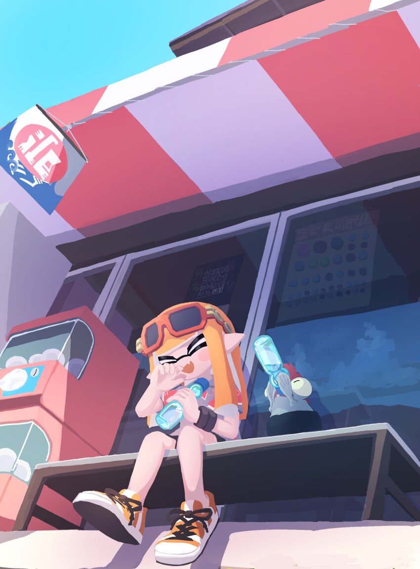 1girl, :d, absurdres, bottle, cross-laced_footwear, drinking, eyewear_on_head, highres, inkling, inkling_girl, inkling_player_character, long_hair, maple_albus, nintendo, on_bench, open_mouth, orange_hair, outdoors, pointy_ears, red-framed_eyewear, shoes, sitting, smallfry_(splatoon), smile, splatoon_(series), splatoon_3, sunglasses, tentacle_hair, water_bottle