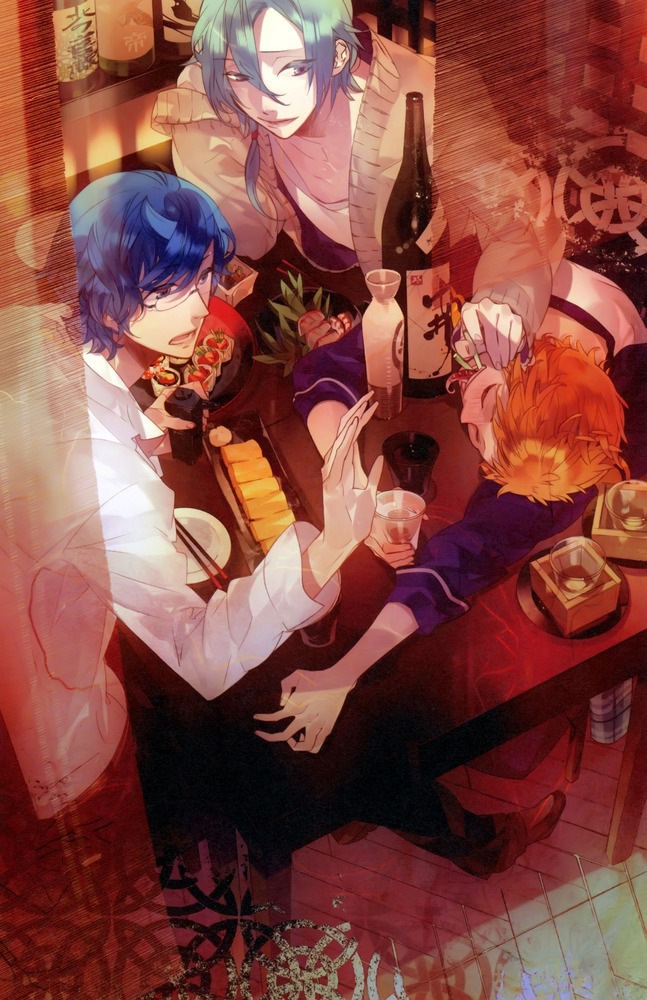 3boys, ashtray, biting, blonde_hair, blue_hair, bottle, chopsticks, curtains