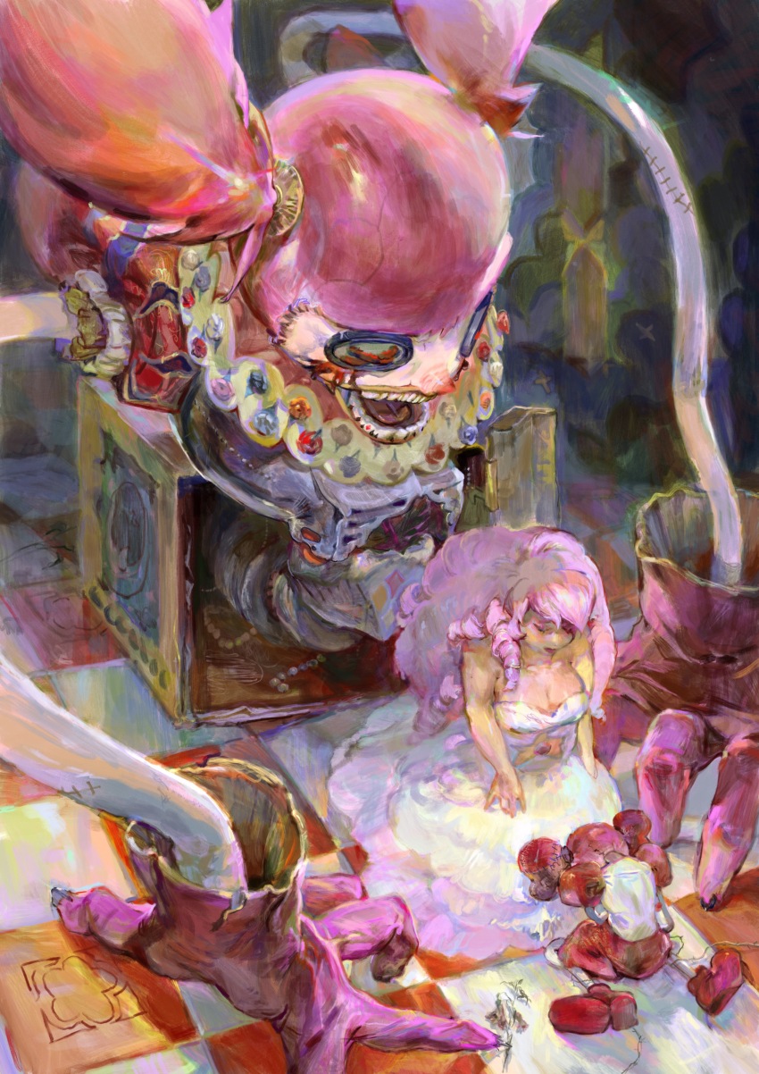 2girls, absurdres, breasts, button_eyes, buttons, cleavage, closed_eyes, dress