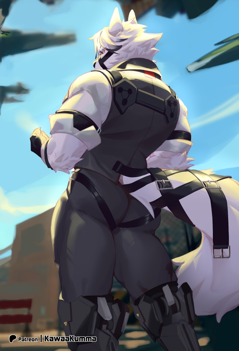 1boy, animal_ears, artist_name, bicep_strap, black_gloves, blue_sky, claws, cloud