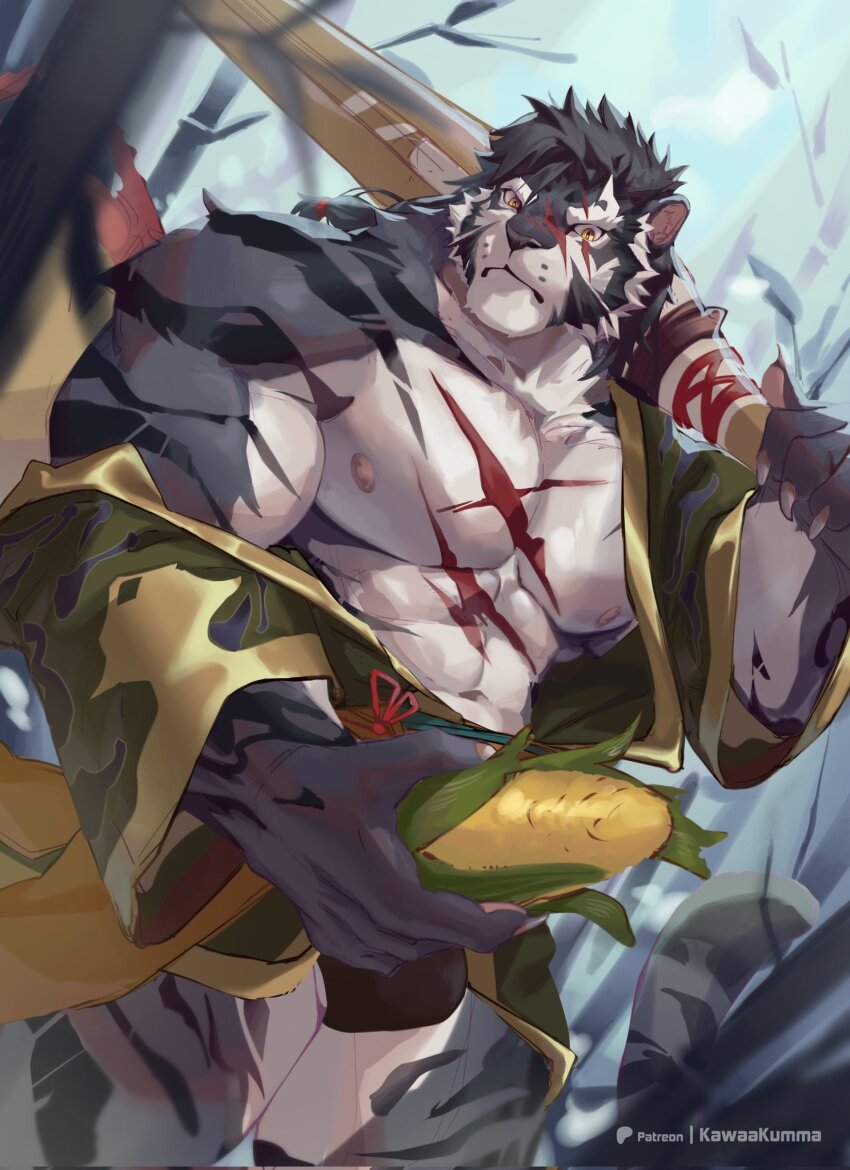1boy, abs, animal_ears, artist_name, bara, black_male_underwear, bulge, claws