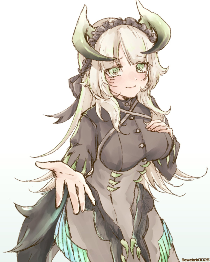 1girl, artist_name, blush, breasts, buttons, chamber_dragonmaid, dragon_girl, dragon_horns