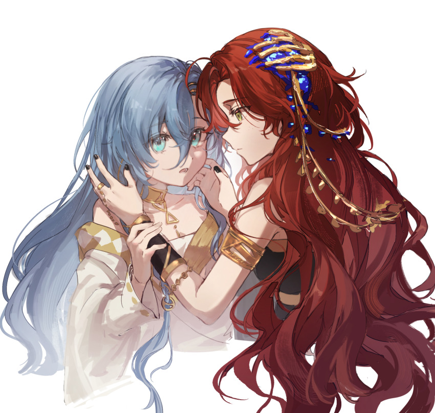 2girls, 37_(reverse:1999), :o, ancient_greek_clothes, armlet, bare_shoulders, black_dress, black_nails