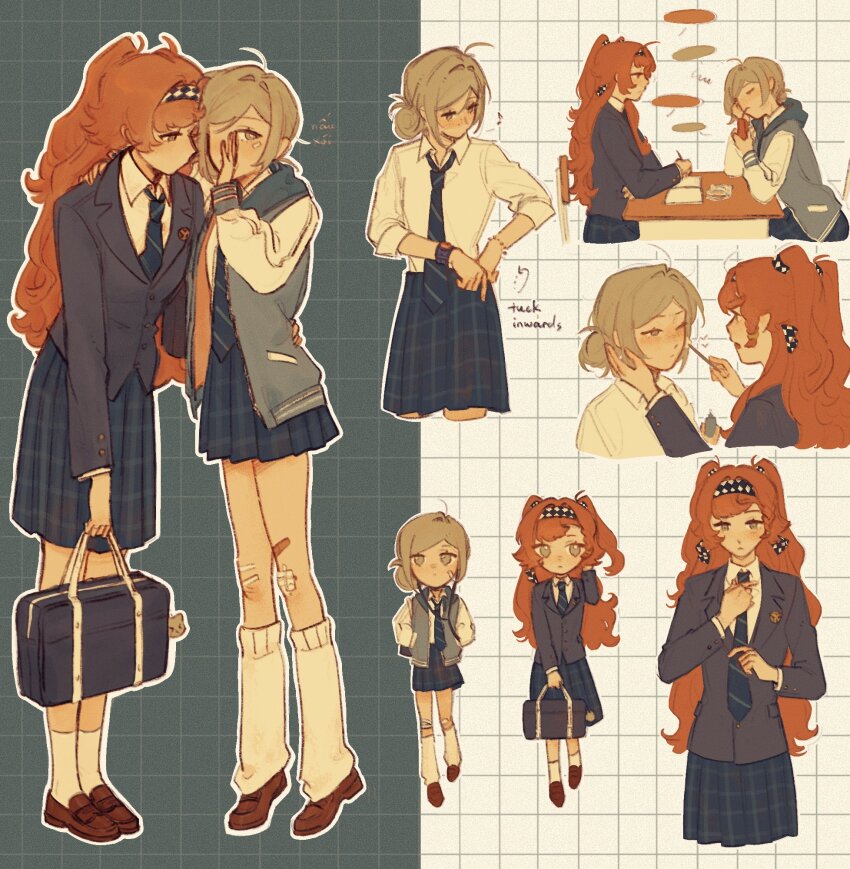 2girls, bag, bandaged_knees, bandaid, bandaid_on_knee, bandaid_on_leg, earphones, english_text