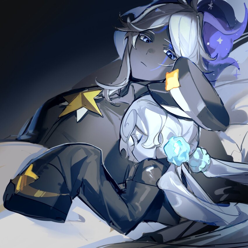 1boy, 1girl, black_hat, black_jacket, black_skin, blue_eyes, blue_hair, closed_eyes