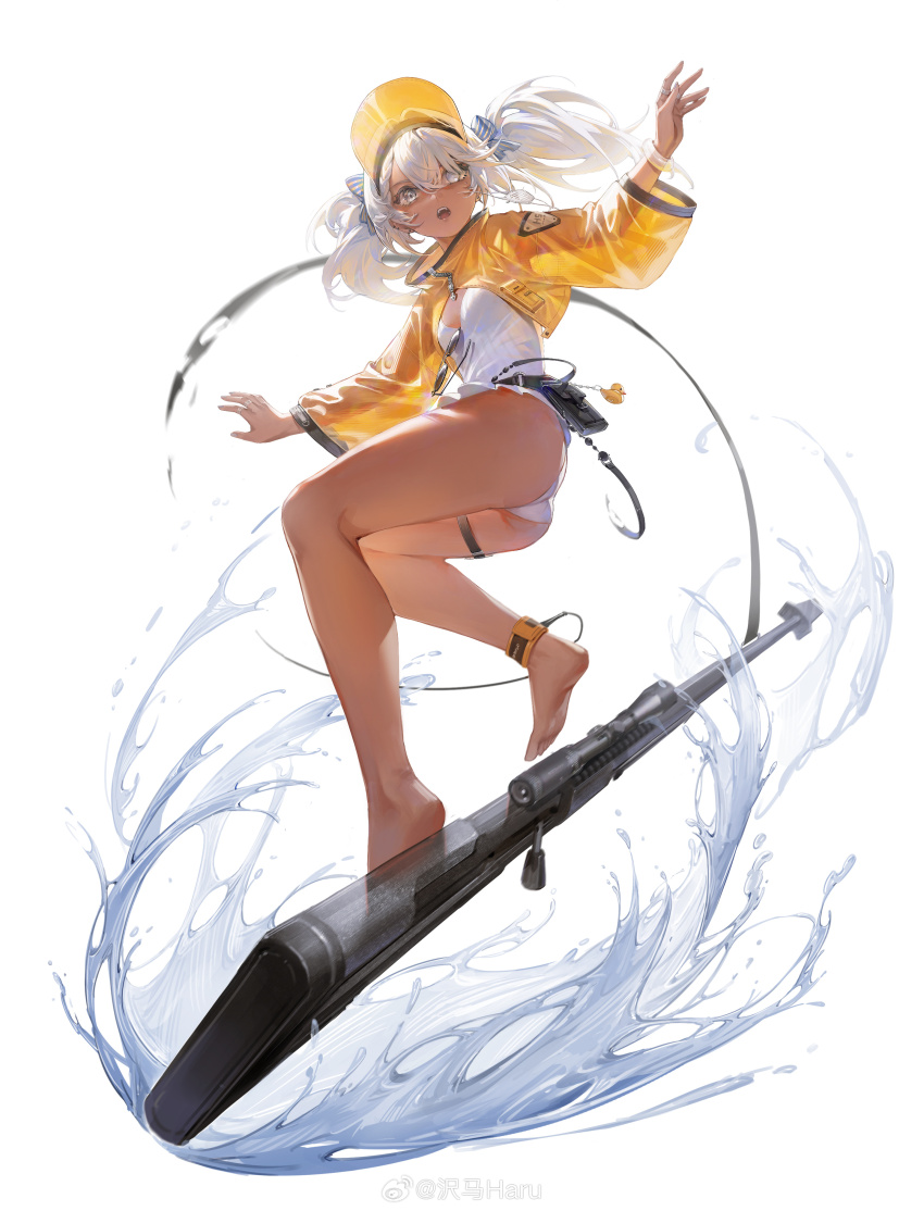 1girl, absurdres, anti-materiel_rifle, ass, bare_legs, barefoot, beach, belt, black_hairband, blue_nails, blue_ribbon, blush, bolt_action, bracelet, breasts, character_name, copyright_name, dark-skinned_female, dark_skin, eyepatch, eyewear_hang, feet, full_body, girls'_frontline, grey_eyes, gun, hair_ornament, hair_ribbon, hairband, hairclip, highres, hs.50_(girls'_frontline), hs.50_(honey-colored_ocean_heart)_(girls'_frontline), jacket, jewelry, legs, logo, long_hair, looking_at_viewer, nail_polish, official_alternate_costume, official_art, one-piece_swimsuit, open_clothes, open_jacket, open_mouth, pouch, ribbon, rifle, ring, sawamaharu, small_breasts, sniper_rifle, soles, solo, standing_on_object, standing_on_weapon, steyr_hs_.50, sunglasses, surfing, swimsuit, teeth, thigh_pouch, thighs, twintails, unworn_eyewear, upper_teeth_only, water, watermark, weapon, weibo_watermark, white_background, white_hair, white_one-piece_swimsuit, wide_sleeves, yellow_jacket