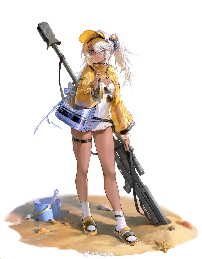 1girl, absurdres, anti-materiel_rifle, aviator_sunglasses, bag, beach, belt, black_hairband