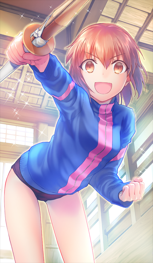 1girl, :d, aged_down, bare_legs, black_buruma, blue_jacket, breasts, brown_eyes