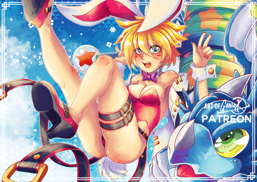 1girl, animal_ears, artist_name, bare_legs, blonde_hair, blue_eyes, bow, bowtie