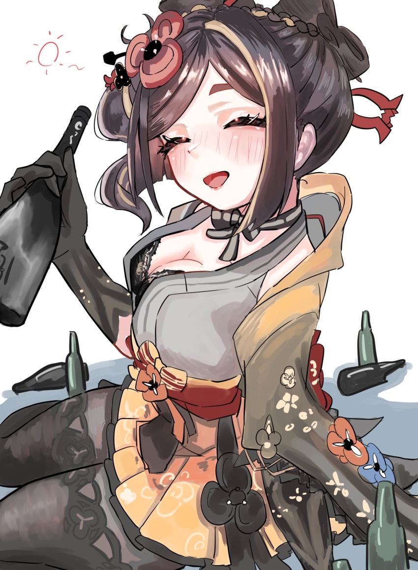 1girl, arm_support, asymmetrical_sidelocks, black_bra, blonde_hair, blush, bottle, bow