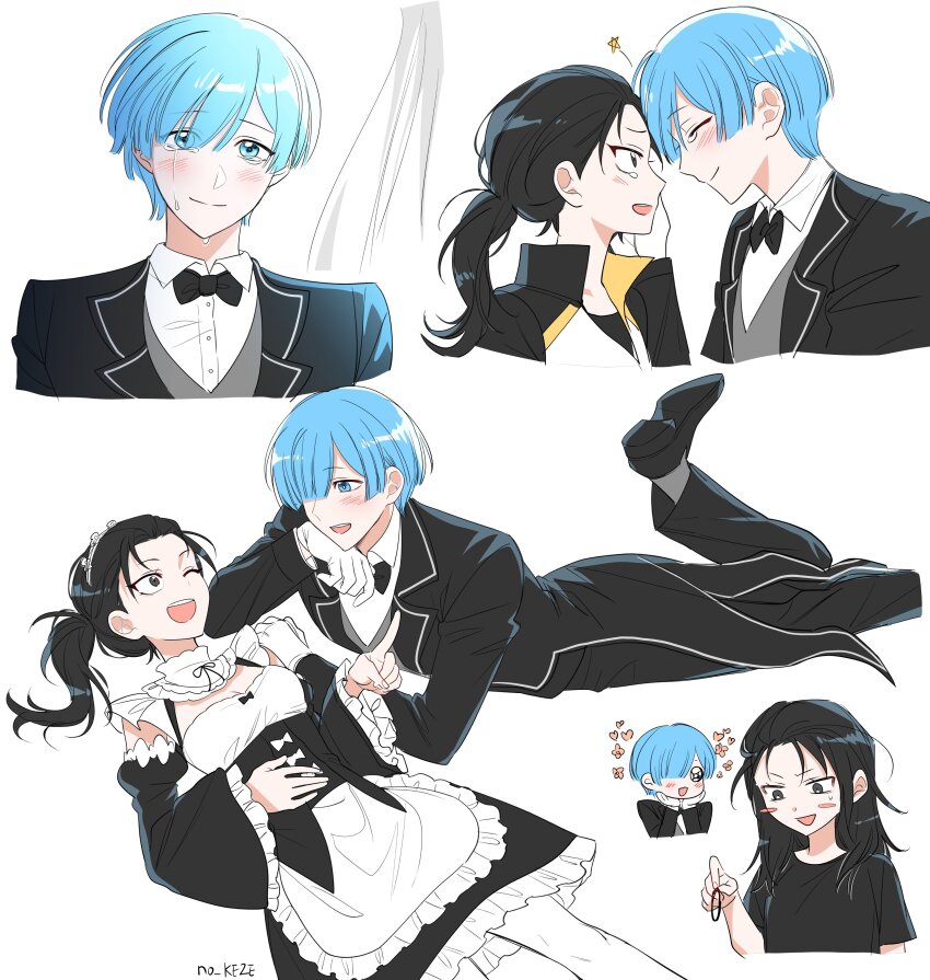 1boy, 1girl, absurdres, black_bow, black_bowtie, black_footwear, black_hair, black_shirt