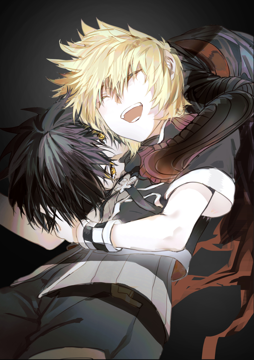 2boys, absurdres, black_hair, blonde_hair, checkered_wristband, hands_on_another's_head, heisui_(twitter_2566599439), highres