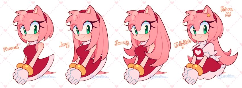 absurdres, aged_up, alternate_hairstyle, amy_rose, armlet, breasts, choker, dot_nose, dress, einelitas, eyelashes, furry, furry_female, gloves, green_eyes, highres, jewelry, long_eyelashes, long_hair, looking_at_viewer, nose, pink_fur, red_dress, ring, short_hair, smile, sonic_(series), white_choker, white_gloves