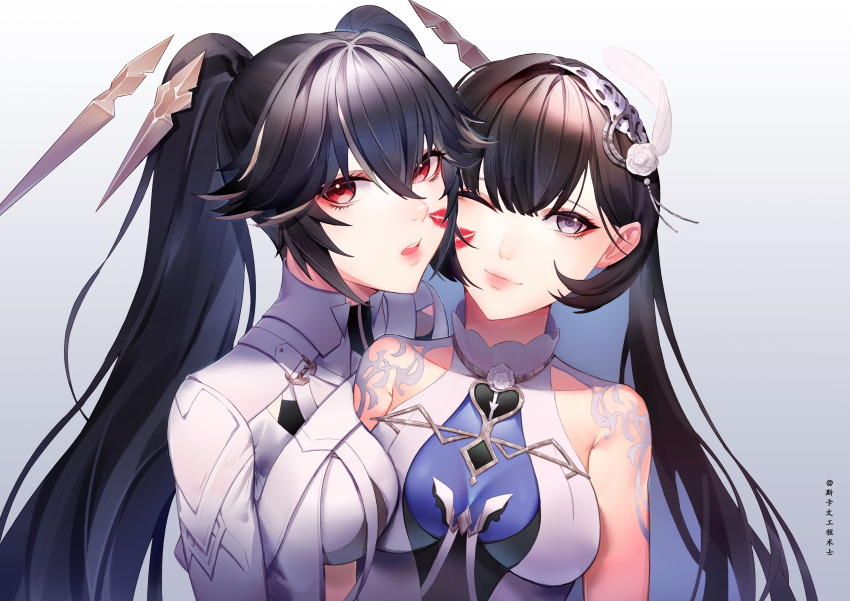 2girls, absurdres, black_hair, blue_hair, colored_inner_hair, feather_hair_ornament, feathers, floating_headgear, grey_hair, hair_between_eyes, hair_intakes, hair_ornament, hairband, headgear, highres, jacket, jewelry, long_hair, lucia:_pyroath_(pgr), lucia_(pgr), multicolored_hair, multiple_girls, one_eye_closed, open_mouth, punishing:_gray_raven, red_eyes, selena:_pianissimo_(pgr), selena_(pgr), sidelocks, skaven_gongcheng_shushi, tagme, teeth, twintails, upper_teeth_only, very_long_hair, white_jacket