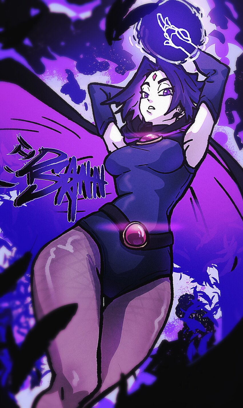 1girl, absurdres, belt, breasts, cloak, colored_skin, commentary, darkness, dc_comics, detached_sleeves, dixiedannsan, english_commentary, forehead_jewel, grey_skin, highres, leotard, looking_at_viewer, medium_breasts, multiversus, official_alternate_costume, pantyhose, purple_cloak, purple_eyes, purple_hair, purple_leotard, raven_(dc), shadow_hands, short_hair, solo, superhero_costume, teen_titans, thighs, umbrakinesis
