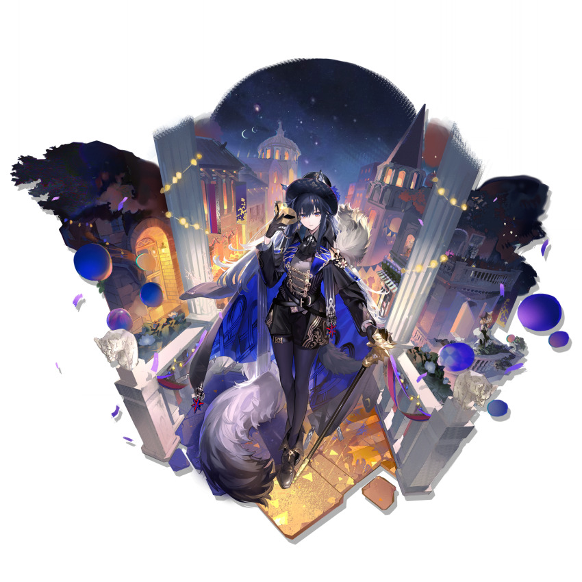 3girls, animal_ears, arknights, black_gloves, black_hair, black_hat, black_leggings, cane