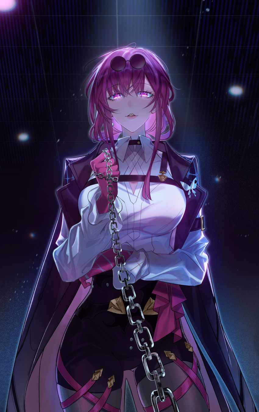 1girl, absurdres, black_jacket, breasts, chain, chain_leash, chest_harness, collared_shirt, cowboy_shot, eyewear_on_head, glasses, gloves, harness, high-waist_shorts, highres, holding, holding_chain, holding_leash, honkai:_star_rail, honkai_(series), jacket, kafka_(honkai:_star_rail), large_breasts, leash, long_hair, looking_at_viewer, open_clothes, open_jacket, pantyhose, pantyhose_under_shorts, parted_lips, pince-nez, pov, purple_eyes, purple_gloves, purple_hair, purple_pantyhose, shenjudongmandabanban, shirt, shorts, solo, standing, viewer_on_leash, white_shirt