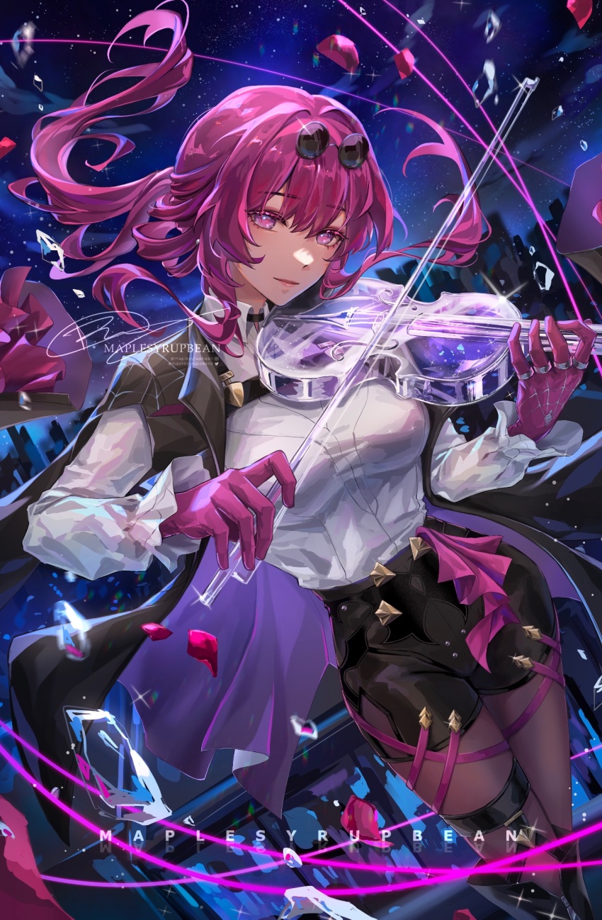 1girl, black_jacket, breasts, chest_harness, collared_shirt, cowboy_shot, eyewear_on_head, frilled_sleeves