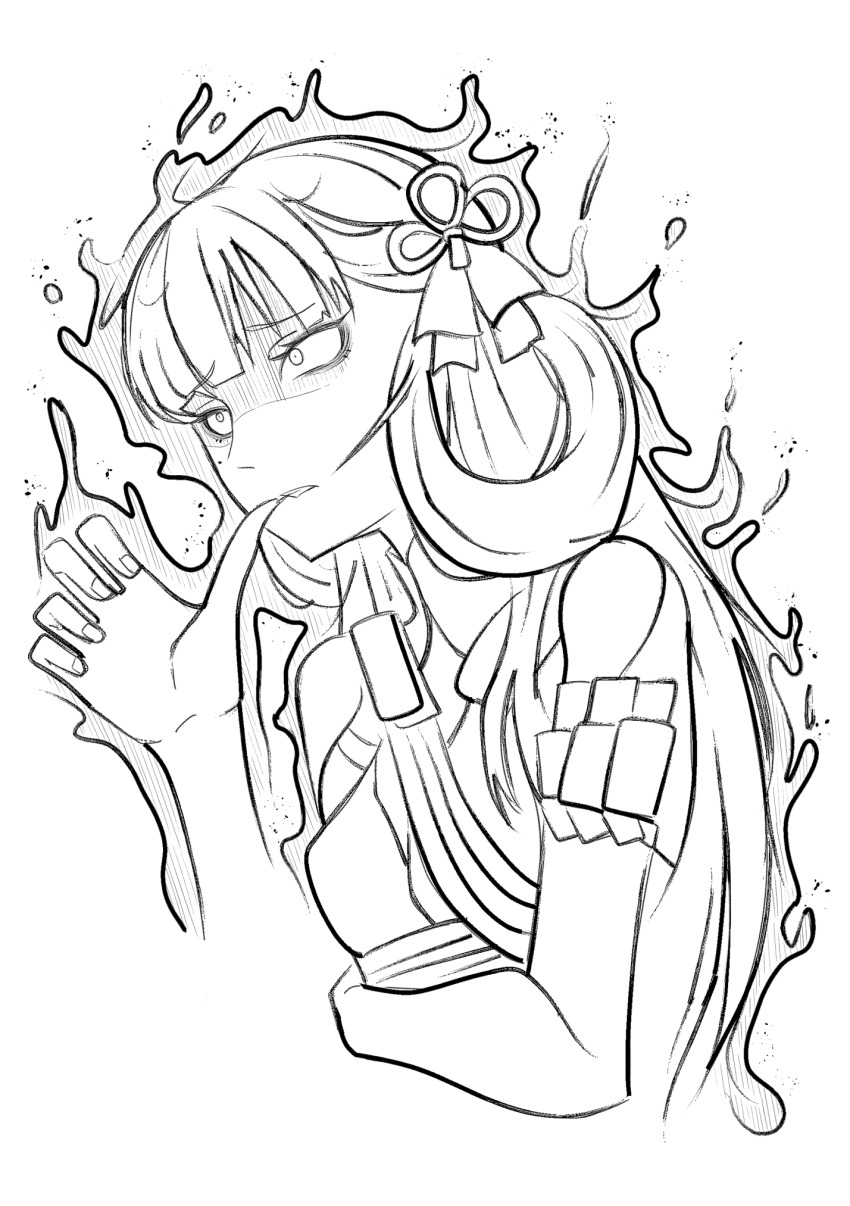 1girl, biting_own_finger, dress, hair_rings, highres, jinhsi_(wuthering_waves), long_hair, solo, twintails, two_side_up, wuthering_waves, yukiharuorent