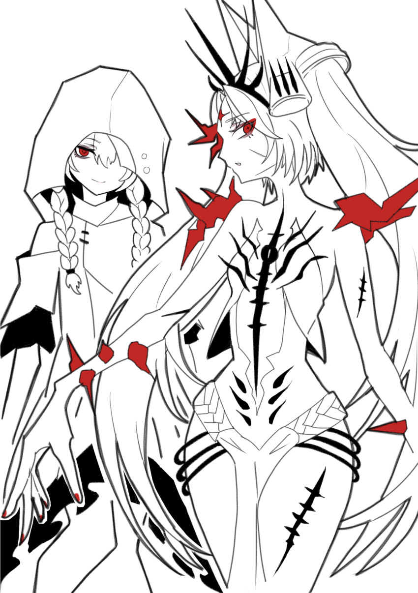 2girls, braid, clothing_cutout, cradle_(pgr), hair_between_eyes, hair_ornament, headgear, highres