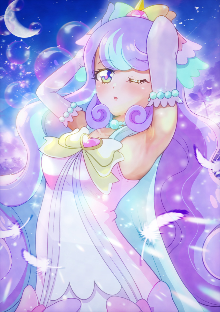 1girl, armpits, arms_up, asukamama89, blue_eyes, blush, bow, bowtie