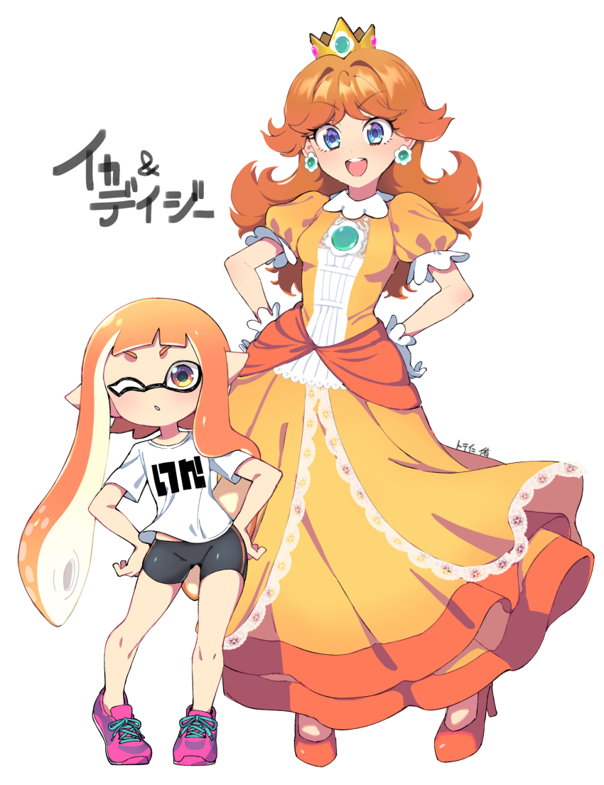 2girls, bike_shorts, black_shorts, blue_eyes, blush, clothes_writing, collared_dress, commentary_request